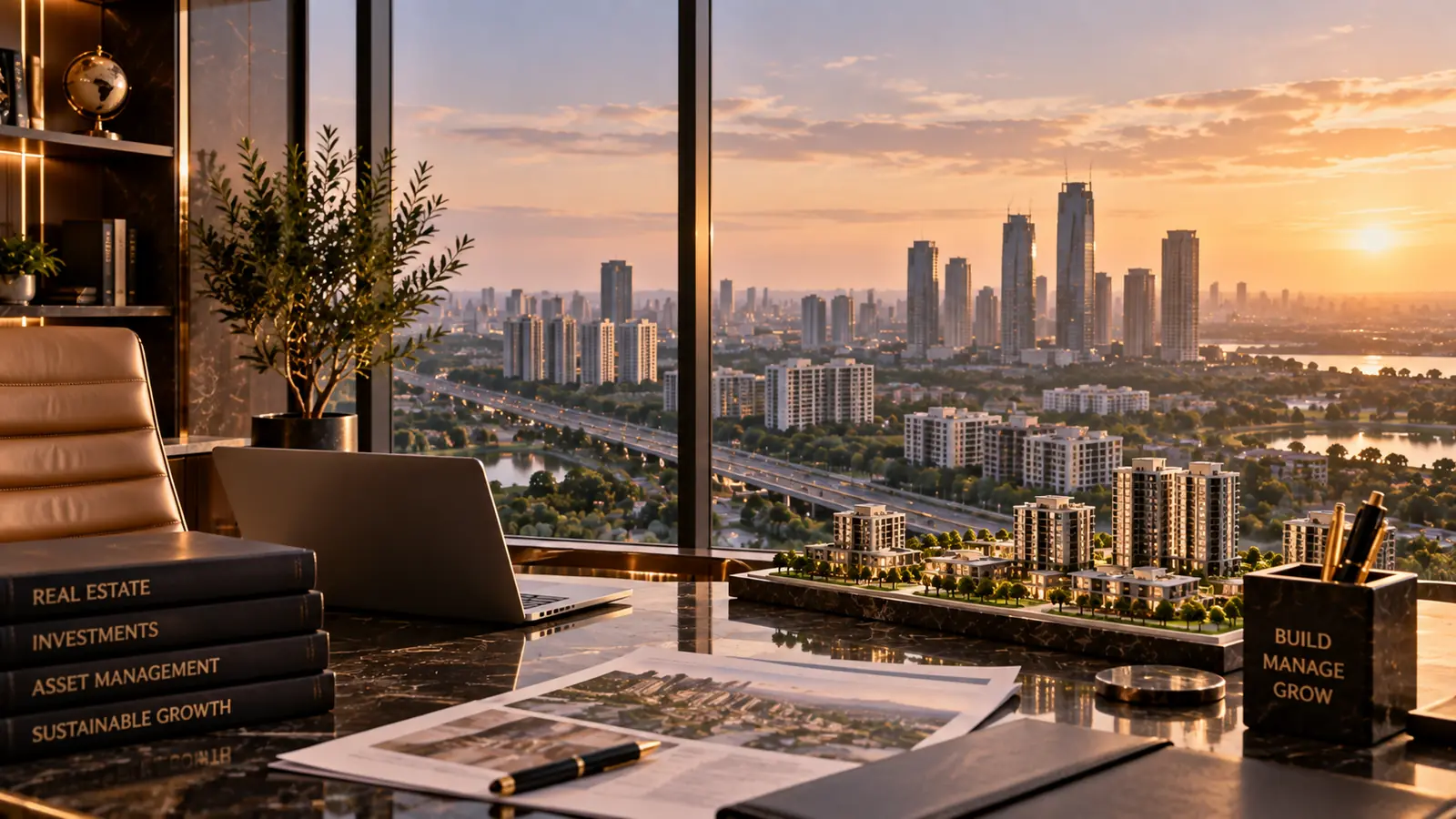 Executive desk overlooking a city skyline at sunset