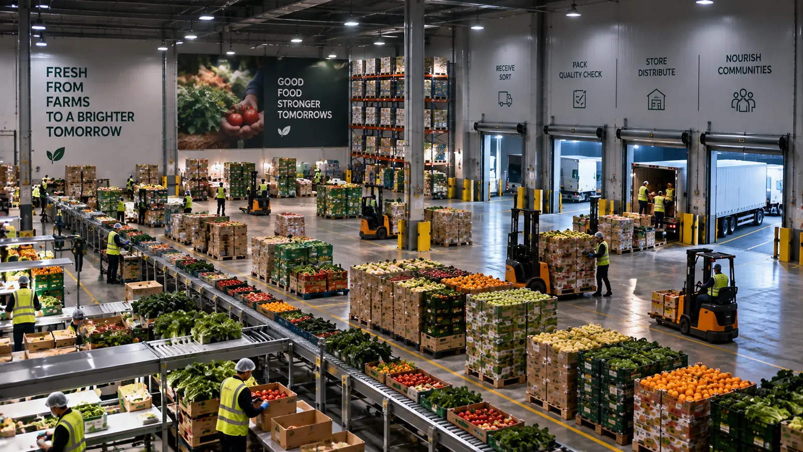 Distribution hall stocked with fresh produce