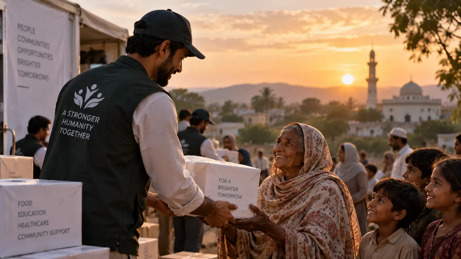 A Foundation volunteer handing a relief package to a family