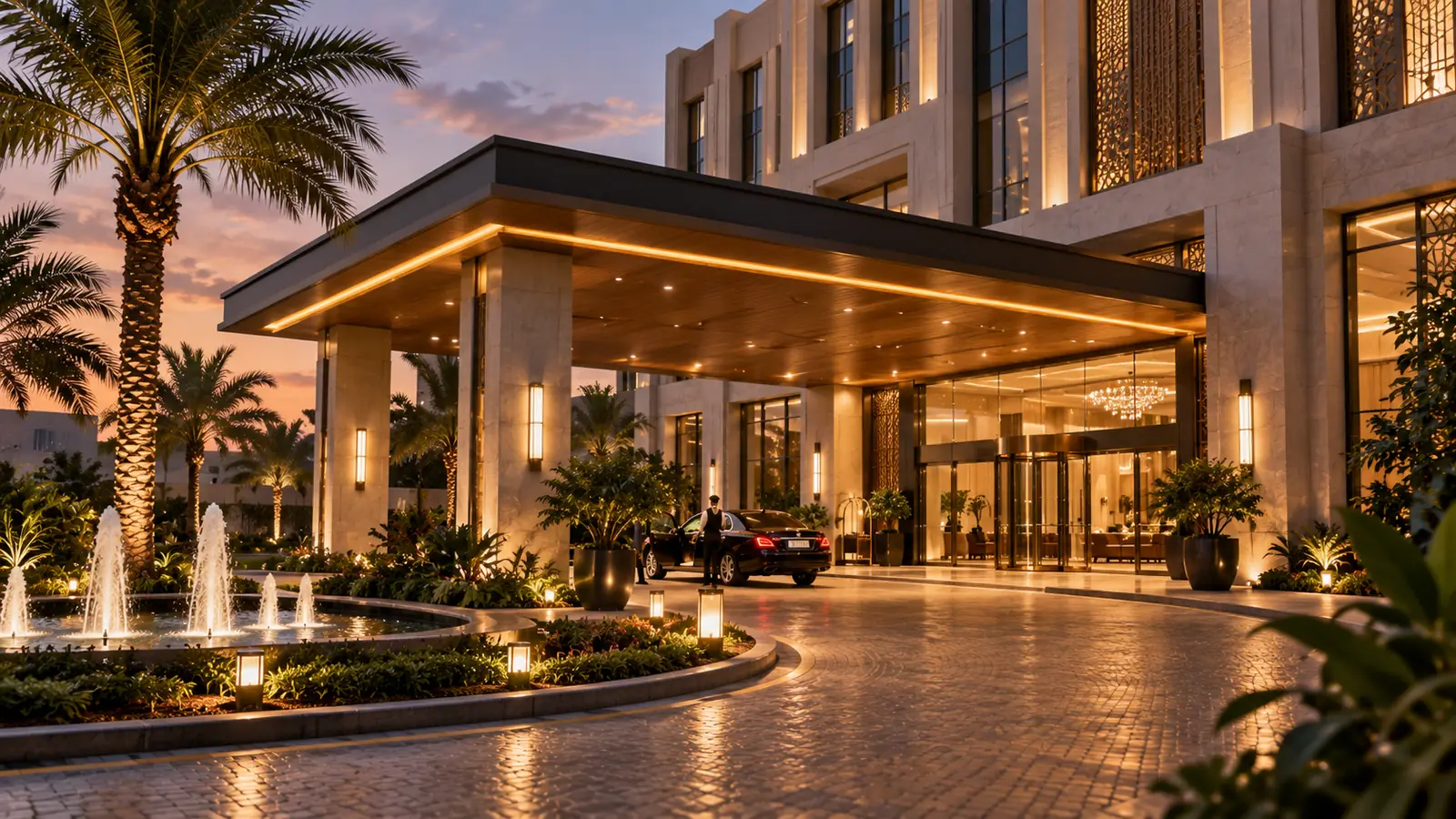 Hotel entrance with palms and fountains at twilight