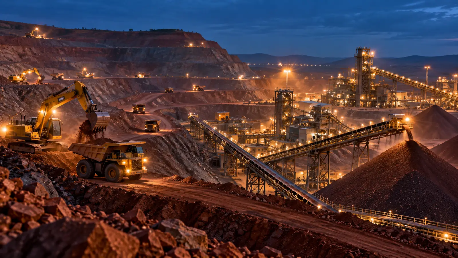 Open quarry and crushing site at sunrise