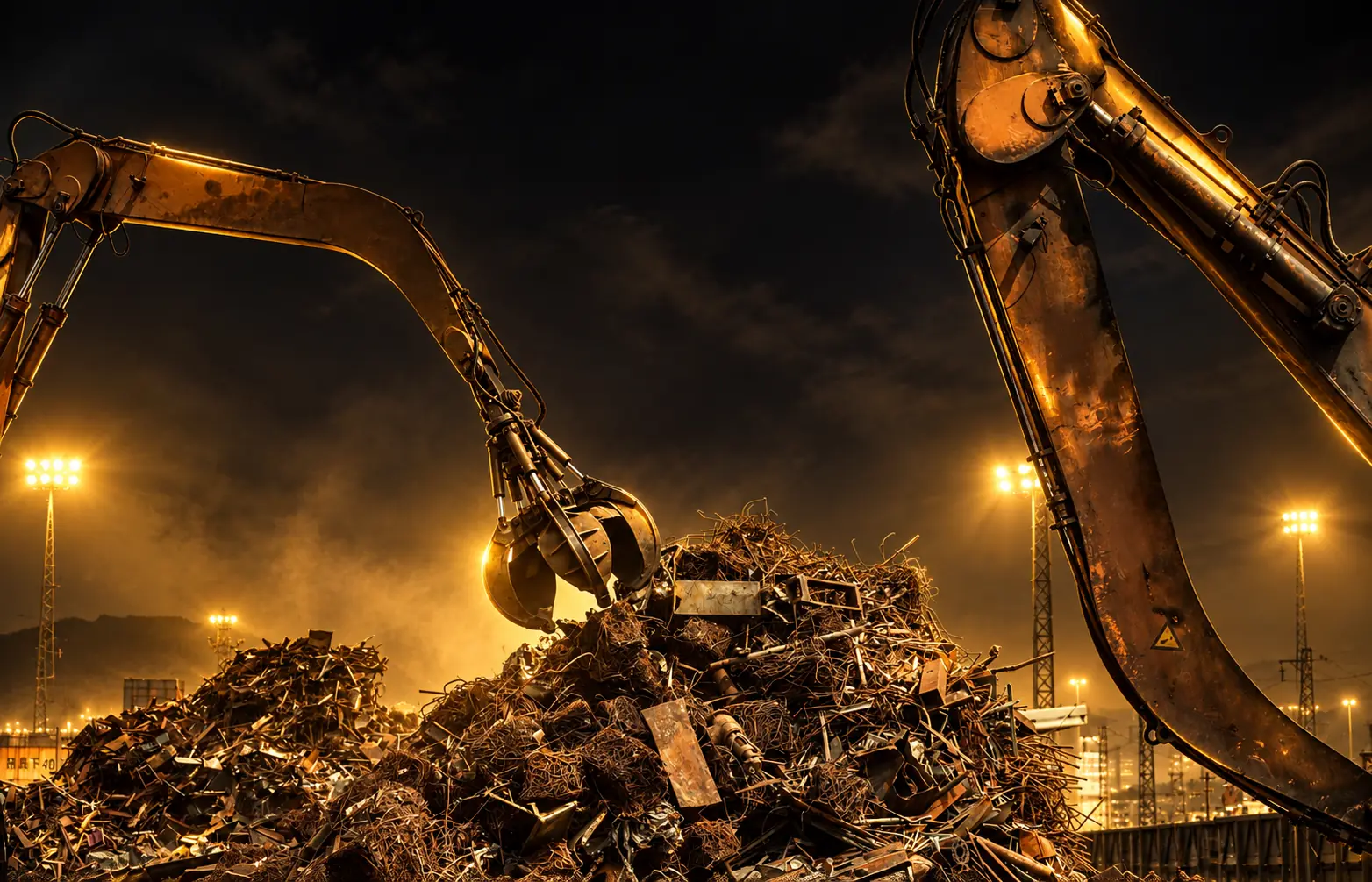 Scrap metal yard with a material handler at night