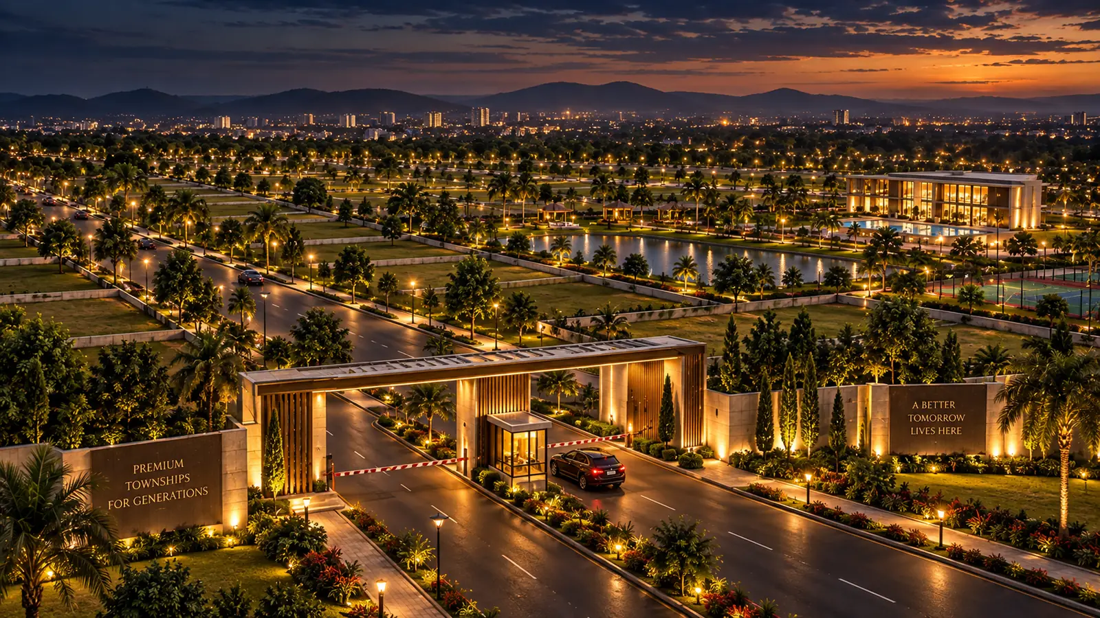 Aerial view of an Arsh township at sunset