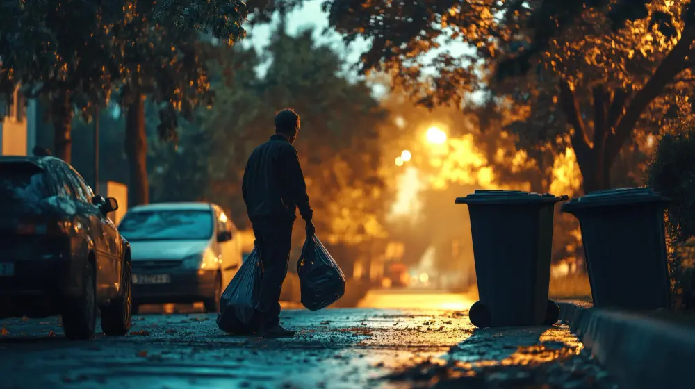 Waste collection on a city street at night